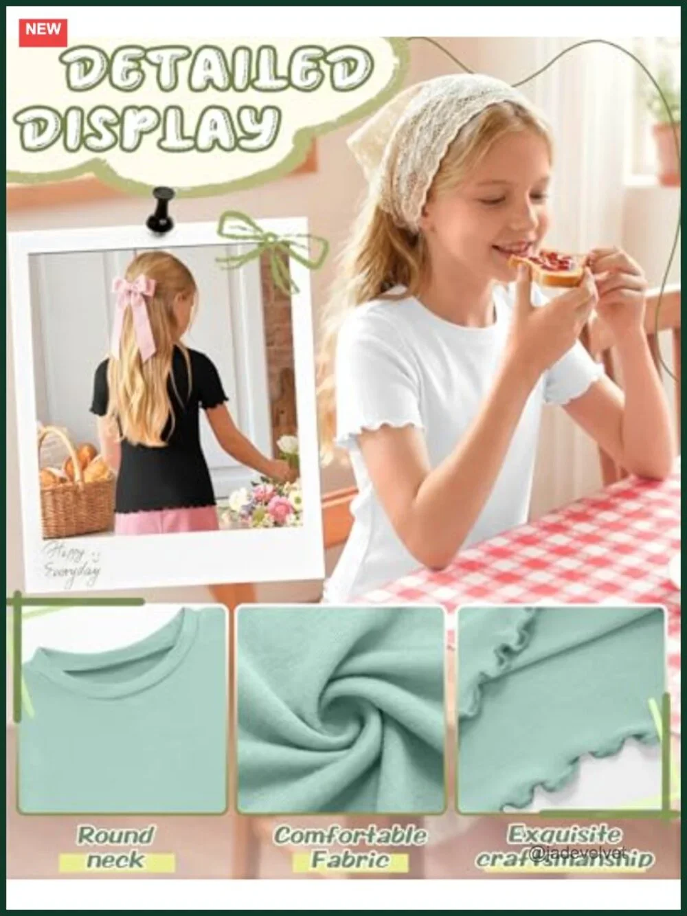 Girls 3 Pack Short Sleeve Crew Neck T Shirts with Lettuce Trim Tops